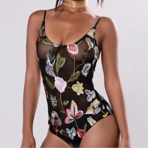 Honey Punch Sheer Embroidered Floral Bodysuit Sz S — Sheer Mesh, Floral Appliqué - Picture 1 of 16